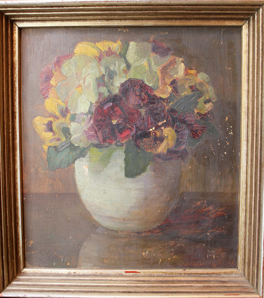 Austrian artist around 1920, Flower still life; oil on cardboard, in original silvered frame.