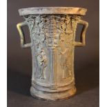 Bronze vessel in medieval style, bronze cast with fine hand finish and two hand grips; upper