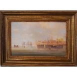 Russian artist, Boats on calm see, in the background view of a town; oil on cardboard, on the bottom