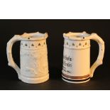 Lot of two porcelain tankards; one with German paitned description, the other one with relief