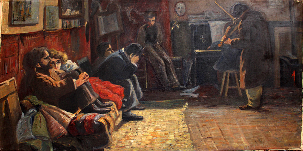 Italian artist around 1900, The concert; oil on canvas.50x100cm