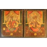Pair of Indian portraits of kneeling honorables in front of landscape; painted with lacquer,