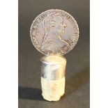 Silver Maria Theresia coin with later mount as bottle close; Austrian 18th Century and later.