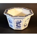 Octagonal Chinese flower pot with eight blue painted flower medaillons and other decorations; wide