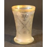 Bohemian Biedermeier glass beaker with cutted ornaments on transparent glass, partly matte, on round