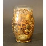 European glass beaker in Renaissance manner, bowed shape, decorated with painted masks and grapes on