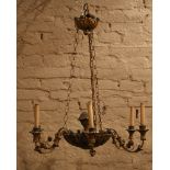 Biedermeier style chandelier with six branches in S shape, on round carved and fluted tazza,
