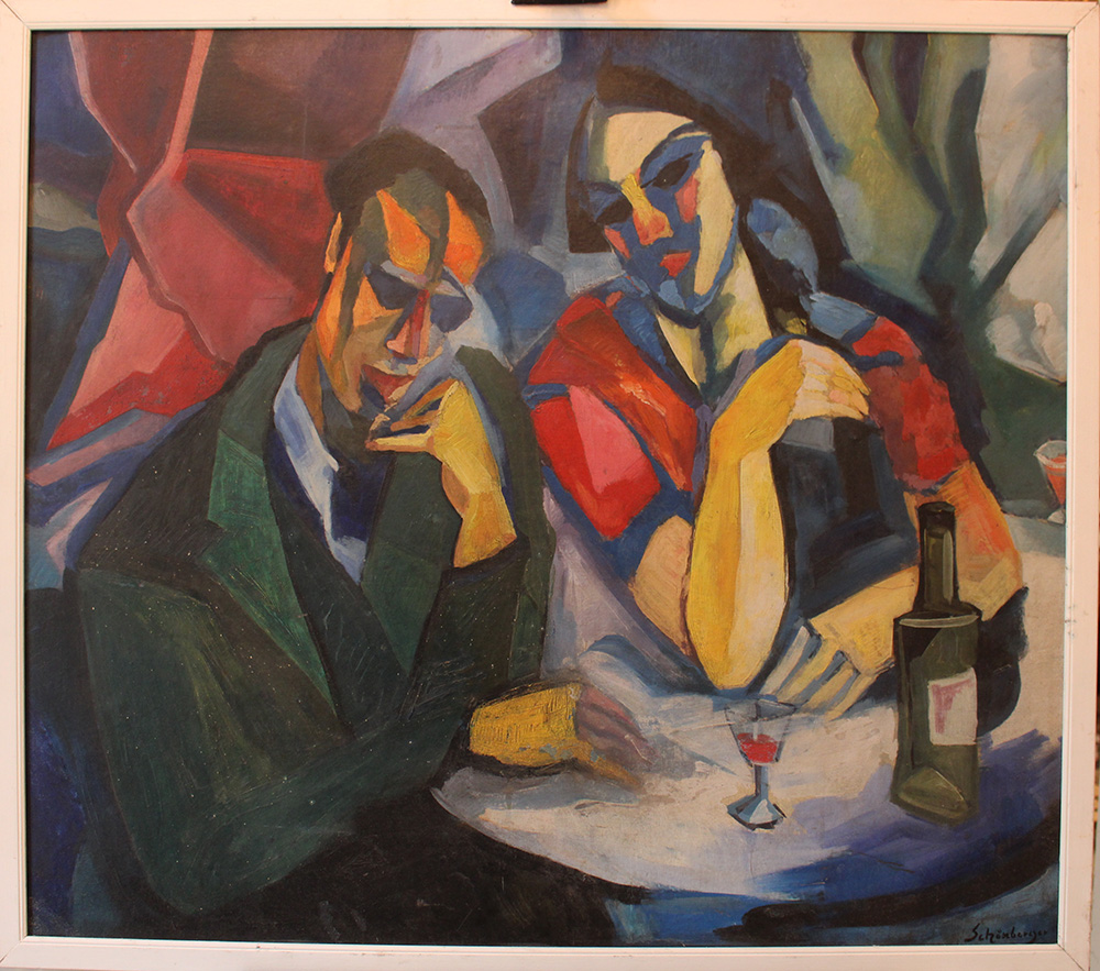 Armand Schönberger (1885–1974)-attributed, Couple by a table with wine; oil on canvas, laid down