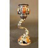 Art Nouveau silver candle stick in shape of a flower with open work, leaves and one spout; round