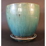 Art Deco ceramic bowl with saucer; turquoise painted and enamelled; 1st half 20th Century.30cm