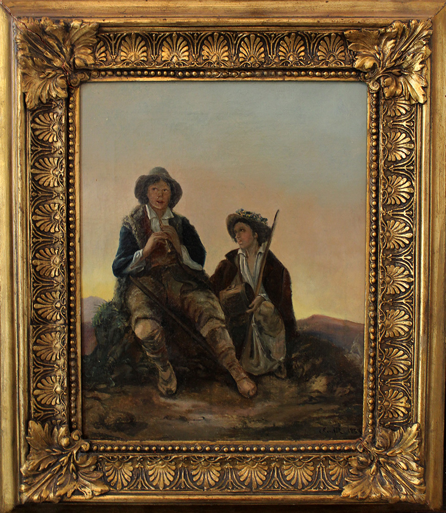 Artist 1st half 19th Century, Two shepherds in landscape; oil on canvas; described Ranflt 1854