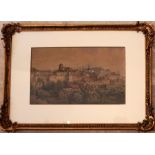 Anton Perko (1833-1905), View of a town with castle and peasants, watercolour on paper, signed