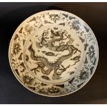 Chinese porcelain plate with black dragon and decorations on white ground, glazed; Qing Dynasty.