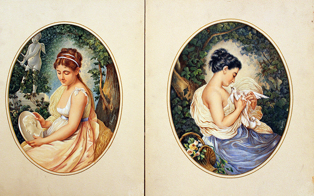 Artist mid of 19th Century, Pair of girl portraits signed on the side J. Kozany; water colour on