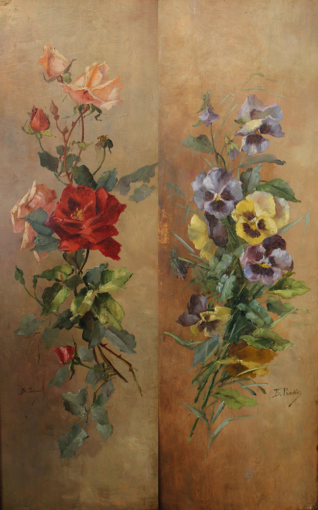 Pair of French flower still lifes, singed B. Pradier; oil on wooden panel, framed; around 1900.