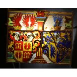 Hand-painted galss window in medieval manner, rectanuglar shape with pewter border sections,