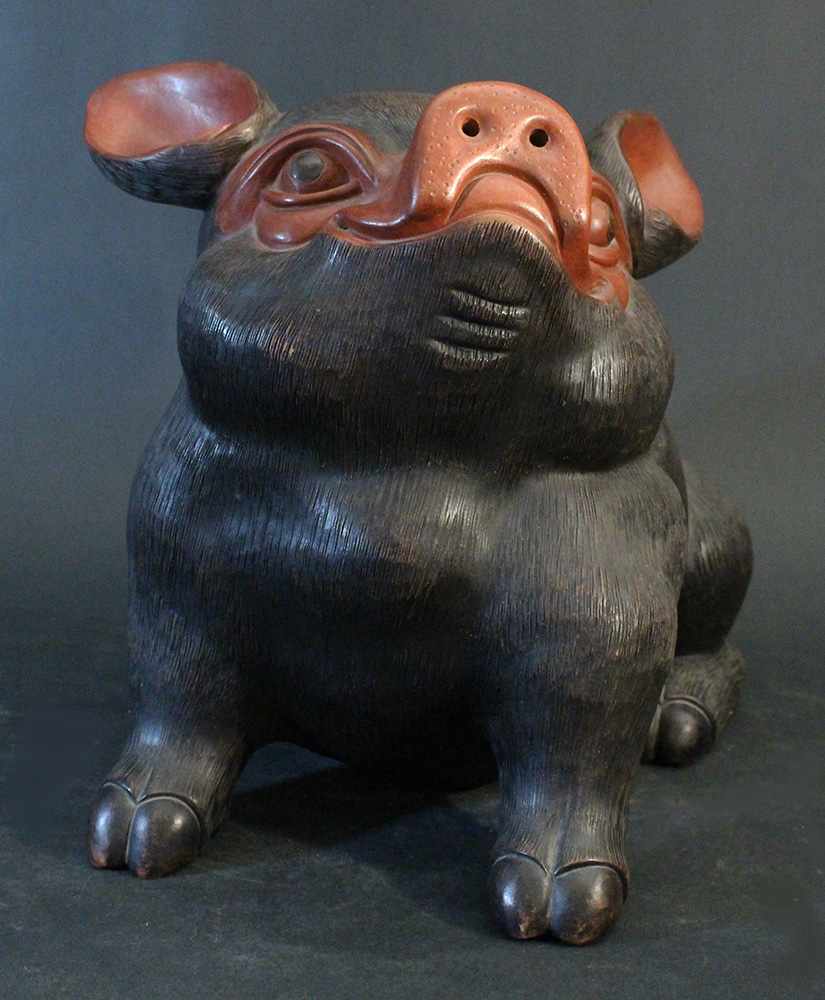 Chinese Yixing ceramic scultpure of a lucky pig; dark Yixing ceramic with some red parts; on the - Image 2 of 3