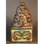 Chinese big imperial bronze stamp; bronze cast with Cloisonnée enamelled decorations on the base;