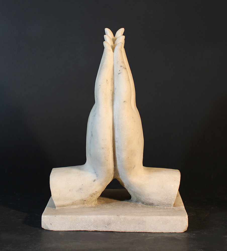 Tibetian Buddha Hands, white/grey marble; in Namaskara position; in an integrated marble base;