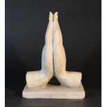 Tibetian Buddha Hands, white/grey marble; in Namaskara position; in an integrated marble base;