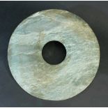 Chinese big Bi plate, green jade with natural veins; flat on both sides; maybe Han Dynasty (206b.