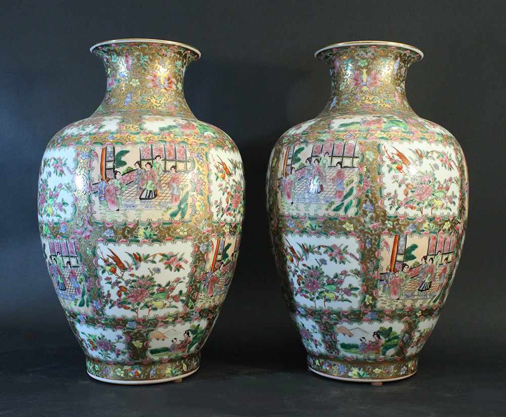 Pair of Chinese porcelain vases, white ground and multicoloured and golden decorations, glazed; - Image 2 of 3