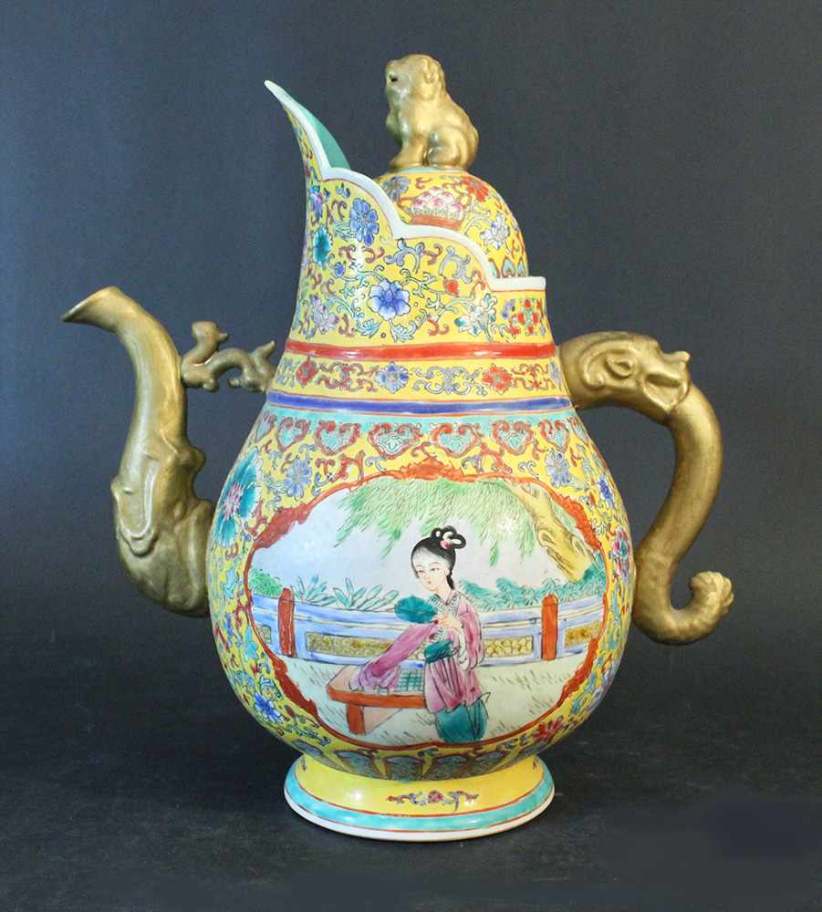 Chinese porcelain ceremonial water pot, multicoloured painting with two cartouches containting a