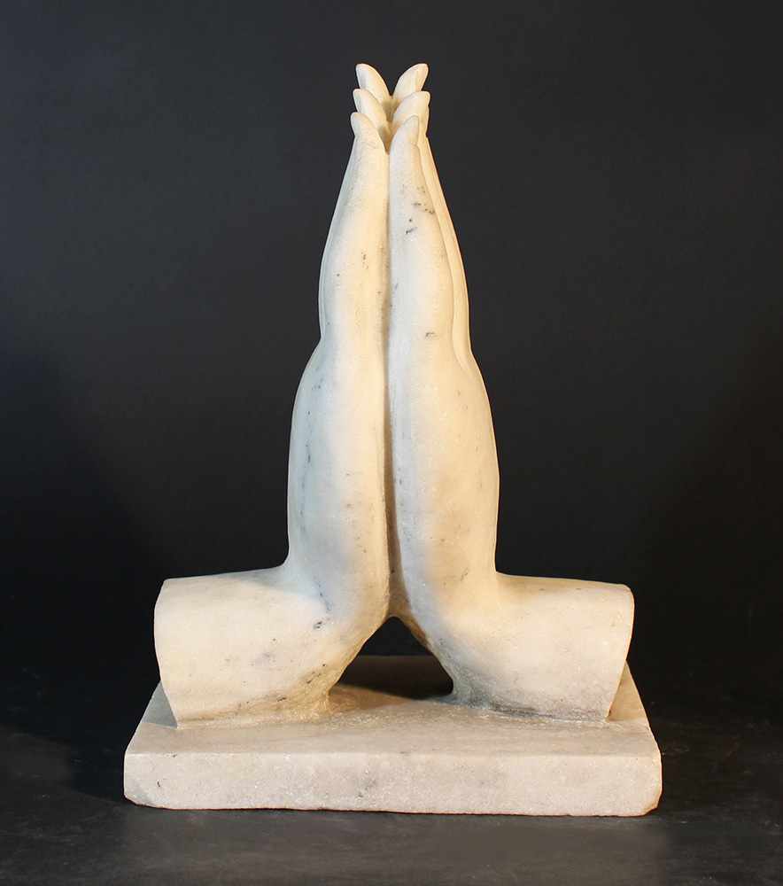 Tibetian Buddha Hands, white/grey marble; in Namaskara position; in an integrated marble base; - Image 3 of 3