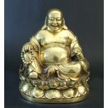 Chinese bronze gilded sitting Milofo with chain in one hand, with the other hand holding a bag; on