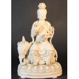 Chinese porcelain sculpture of Buddha on an elephant; Blanc de Chine white porcelain; the Buddha