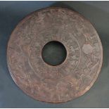 Chinese big bi plate, brown jade with relief; with two cicle containing engravgings of dancing