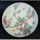 Chinese porcelain peach salver, with painted decorations on white ground, on the bottom blue six