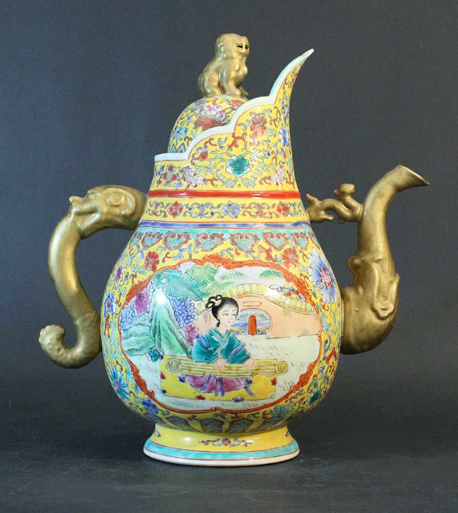 Chinese porcelain ceremonial water pot, multicoloured painting with two cartouches containting a - Image 2 of 3