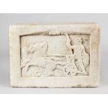 A classical marble relief in rectangular form, with Roman soldier, horses and carriage in front of a