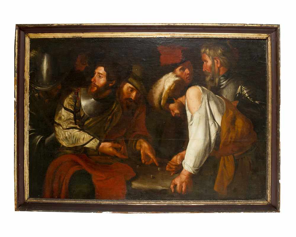 Valentin de Boulogne (1591-1632)-attributed, The dice players; oil on canvas, framed. 115x175cm