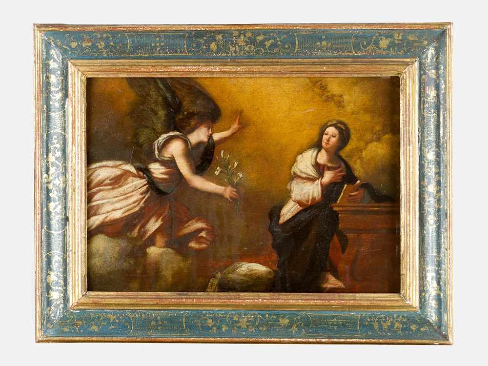 Italian School 17th Century, The Annouciation; oil on wooden panel; framed. 31x45cm