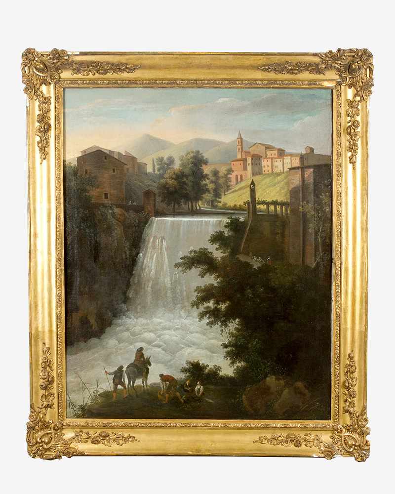 Classicistic artist early 19th Century, The waterfall by Tivoly, with donkey rider and washing