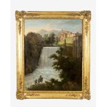 Classicistic artist early 19th Century, The waterfall by Tivoly, with donkey rider and washing