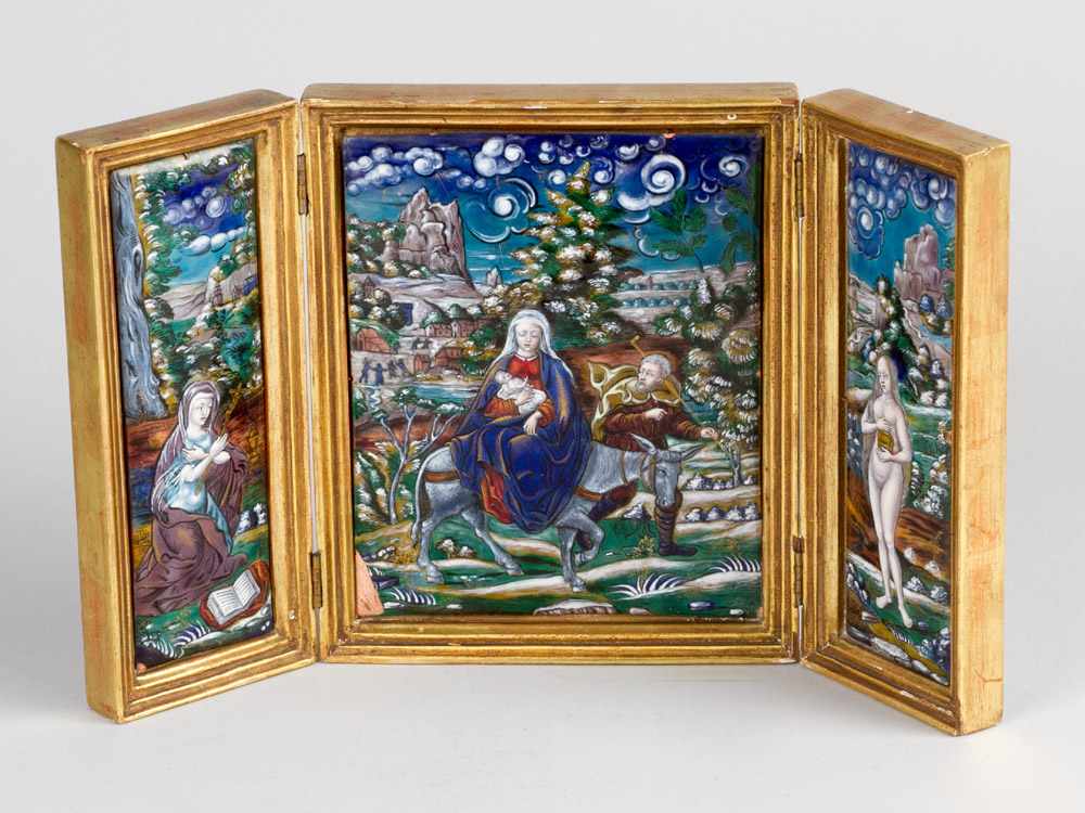 A small Limoges travel triptych in the style of the Reymond family, multicoloured painted enamel, in