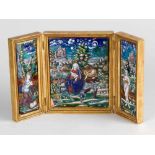 A small Limoges travel triptych in the style of the Reymond family, multicoloured painted enamel, in