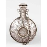 European silver smell or taste bottle in shape of a round long body with long concave neck and lid