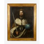 Bartolomé Esteban Murillo (1618-1682)-studio, Portrait of a king with sword and globe; oil on