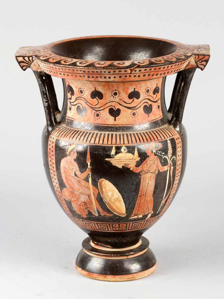 Terracotta crater vase in Attic manner, on central round and stepped foot with round outbowed