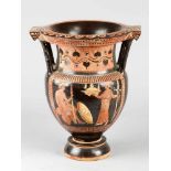 Terracotta crater vase in Attic manner, on central round and stepped foot with round outbowed