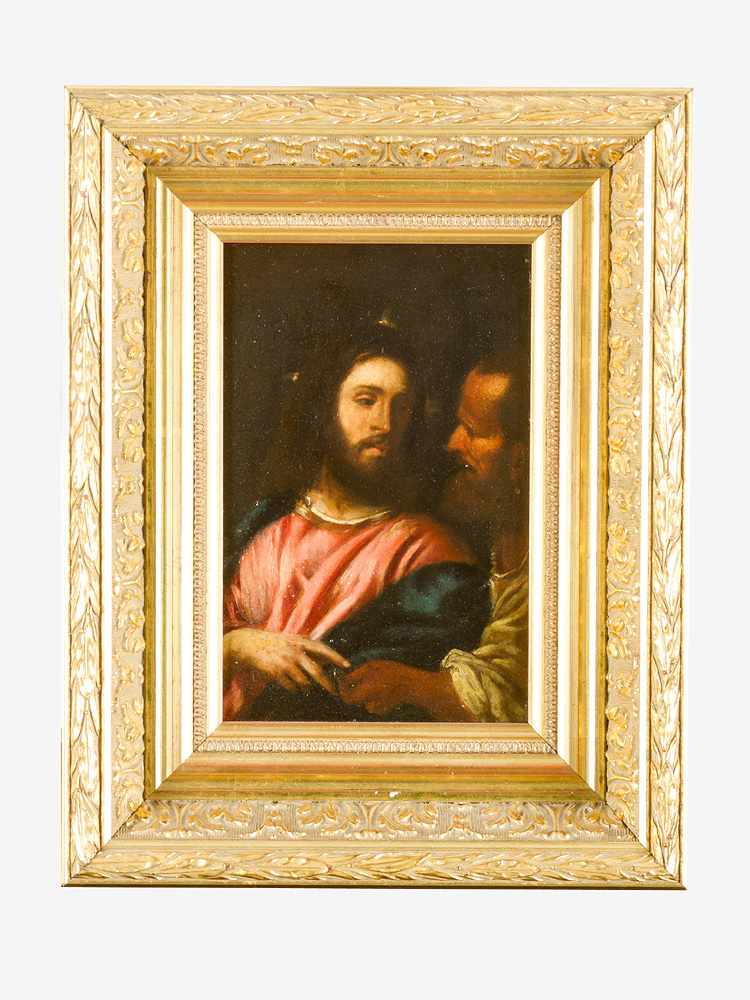 Tiziano Vecellio (1490-1576)-follower, Jesus and a man; oil on board, framed. 20x13cm