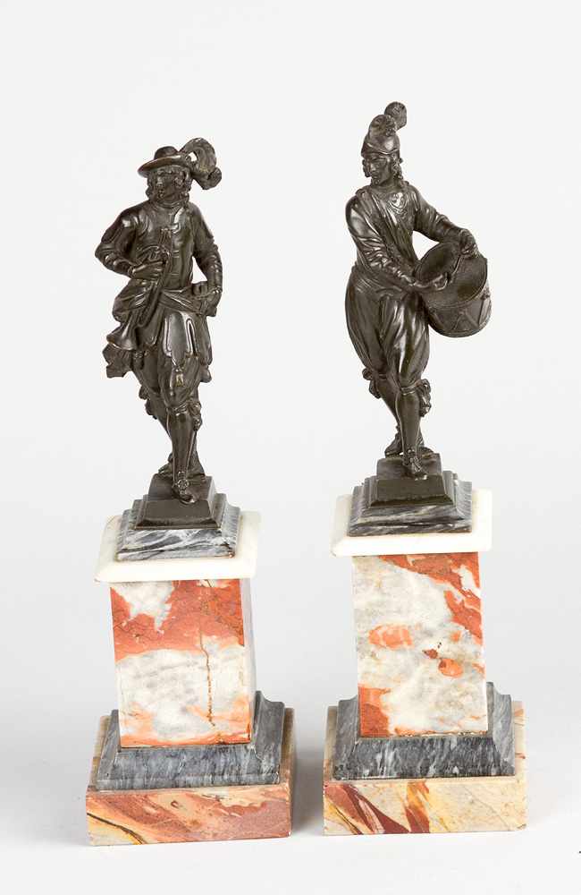 A pair of North Italian bronze scultpures of a drummer and a trumpeter, very fine bronze cast and