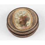 A round French powder or snuff box, leather mantel decorated with gold, stars and borders; in the