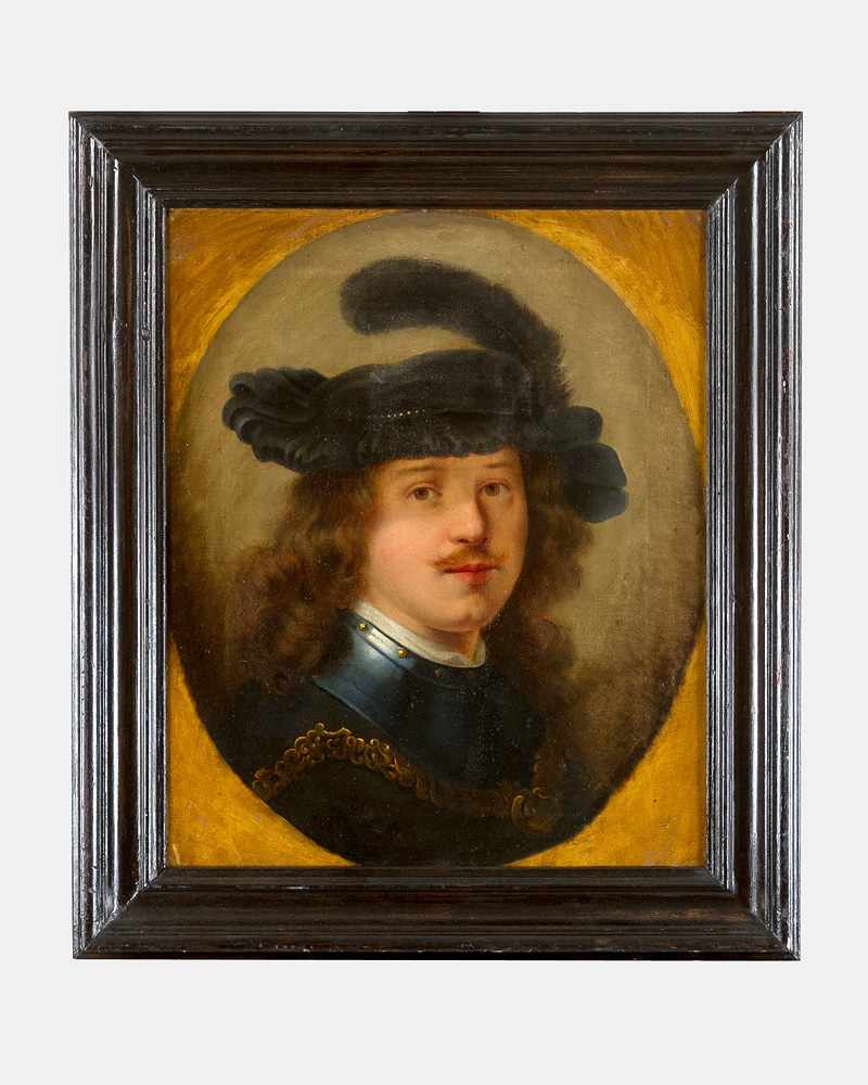 Rembrandt Harmenszoon van Rijn (1606-1669)-school, Portrait of a gentleman with feather hat; in oval