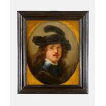 Rembrandt Harmenszoon van Rijn (1606-1669)-school, Portrait of a gentleman with feather hat; in oval