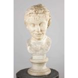 A Roman marble head of a young boy or satyr with curled hair, long pointed ears, deep eyes and